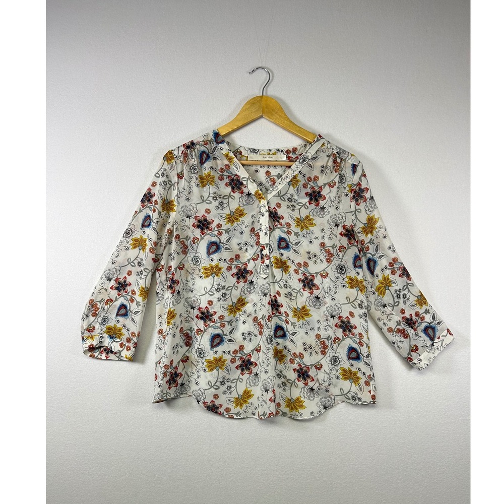 Fun‎ 2 Fun Floral Paisley Blouse Womens Medium White Yellow Boho 3/4 Sleeve Top